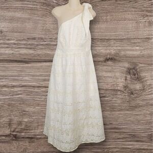 All‎ About May Midi Dress 10 Cream Eyelet Floral One Shoulder Bow A-Line Lined